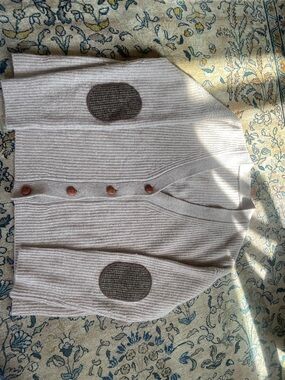 Beige Cashmere Boxy Fisherman’s Cardigan with Tweed Elbow Patches